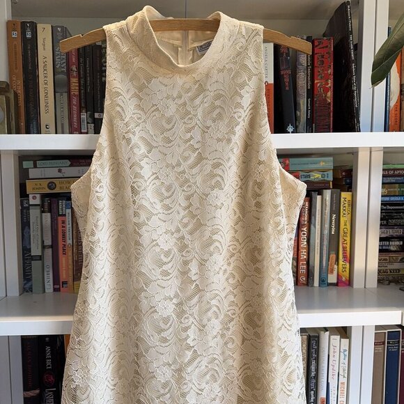 VTG Made in USA 12/Medium Jessica Howard Cream Lace Turtleneck Sleeveless Dress - Picture 3 of 12